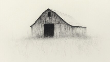 Rustic wooden barn in tall grass, pencil sketch.