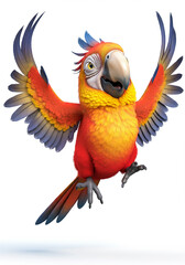 Fototapeta premium Happy Red Macaw Parrot Flying Wings Spread Cartoon Bird Illustration