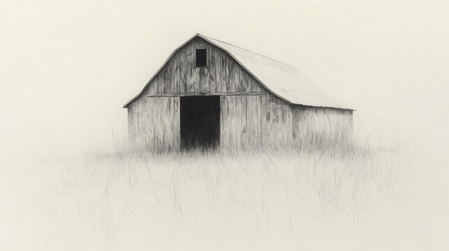 Rustic wooden barn in tall grass, pencil sketch.