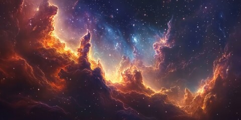 Fototapeta premium A beautifully designed wallpaper featuring an elegant galaxy scene, showcasing vivid and colorful nebula clouds filled with shining stars.