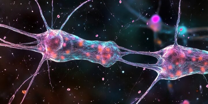 Microscopic histology image showcasing multipolar neurons in nervous tissue, illustrating the intricate structure and organization of multipolar neurons within the nervous system.
