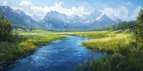 Wide blue river gently meanders through lush green meadows and majestic mountains, surrounded by tall grass, capturing the essence of summer days with its slow flowing beauty.