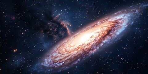 Fototapeta premium A vibrant galaxy glides gracefully through an expanse filled with countless stars in the night sky, creating a stunning visual spectacle of color and light.