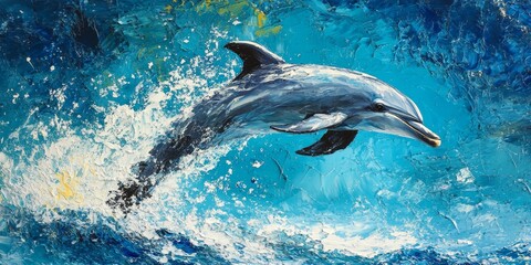 Naklejka premium Dolphin leaping gracefully above the shimmering blue water, showcasing the playful nature of dolphins as they interact with their vibrant aquatic environment in an exhilarating display of agility.