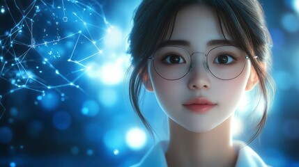Minimalist Anime Style Portrait of an Asian Female Doctor in a Futuristic Setting, Featuring a Simplistic Frame and Soft Borders, Highlighting Her Professional Appearance