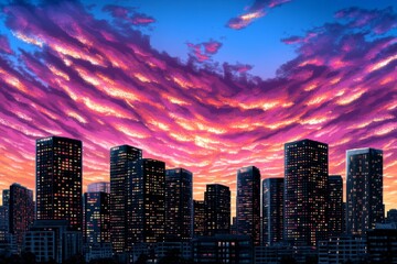 Obraz premium A pixel art HDR cityscape glowing with colorful sunset hues, with buildings reflecting vibrant pinks, oranges, and purples while pixelated clouds float in the sky