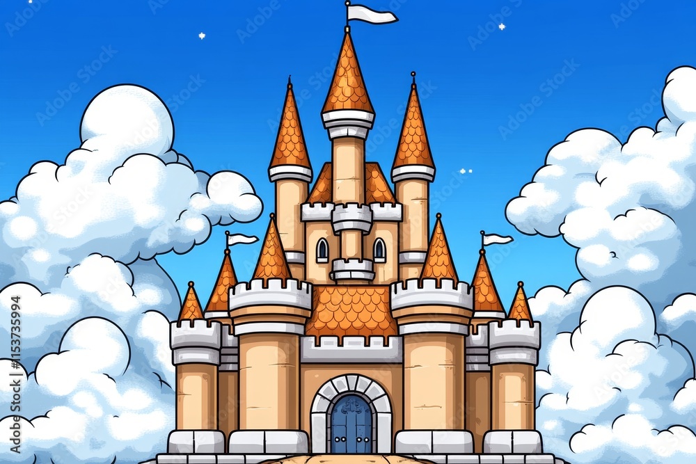 Poster a pixel art version of a medieval castle, complete with knights, banners, and a drawbridge in classi