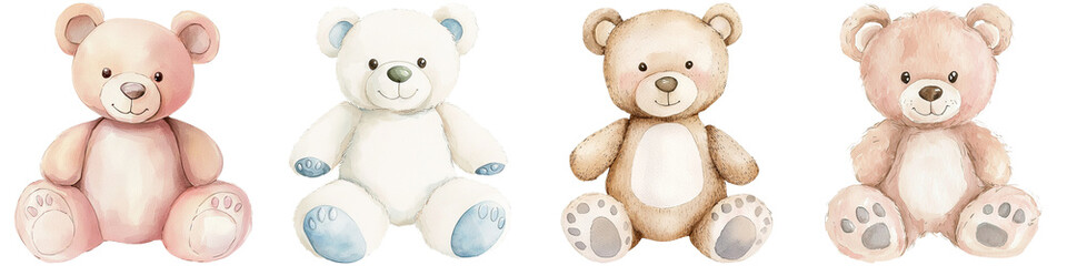 Toy nursery and imagination soft, A group of four plush teddy bears in varying colors, each with distinctive features and expressions, exuding a warm and comforting charm.