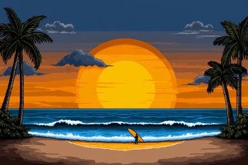 Obraz premium A pixel art scene of a Hawaiian beach, with a sunset, waves gently lapping at the shore, and a small figure holding a surfboard