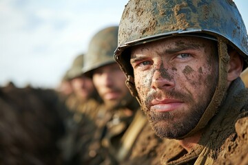 A realistic image of soldiers standing in the trenches during World War I, with muddy uniforms, helmets, and distant explosions