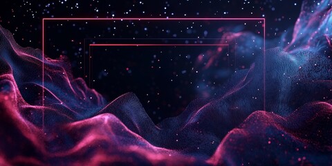 Black neon backdrop featuring waves and particles, complete with a designated space for text and a surrounding frame. This design enhances visibility and focus on your content.