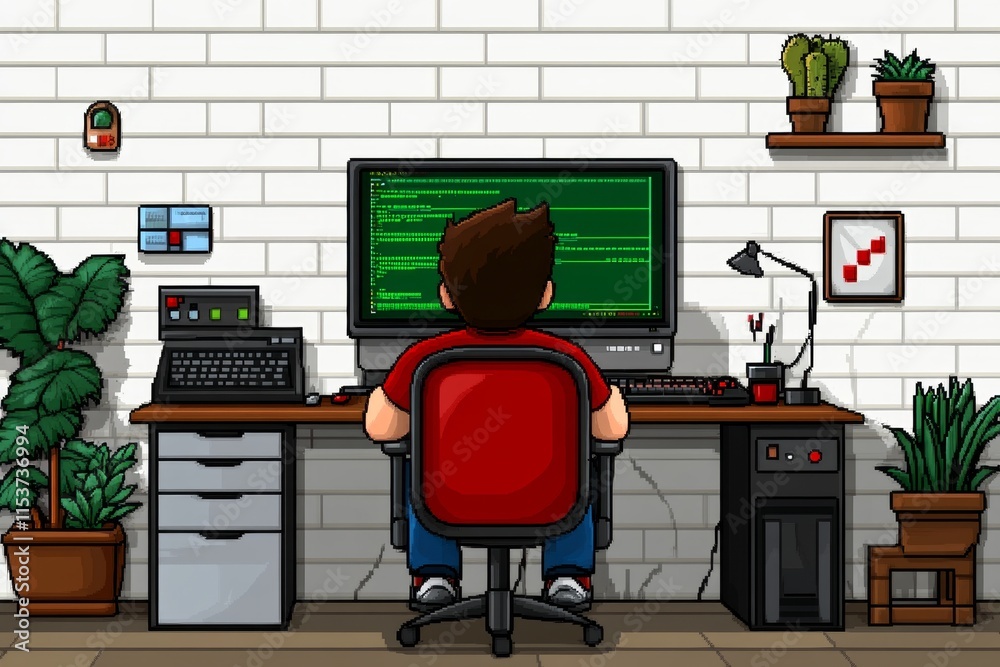 Poster A retro pixel art coder working at a desk with green code flowing on an old CRT monitor, surrounded by blocky charts and graphs