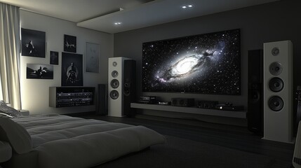 Elegant home theater setup featuring a bright night sky display on the TV, minimalist gray interiors, and a surround sound system.