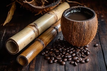 Roasted coffee beans with coconut shell cup and bamboo on rustic wood table
