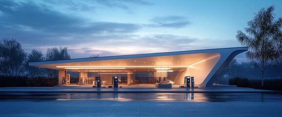 A modern gas station with sleek design, illuminated at dusk.