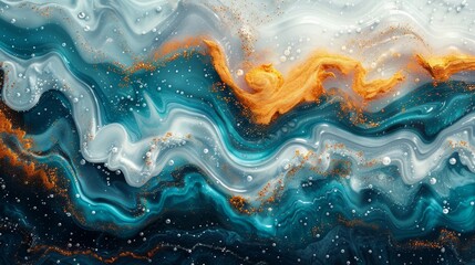 Naklejka premium Abstract fluid art with teal, white, and gold swirls and bubbles.