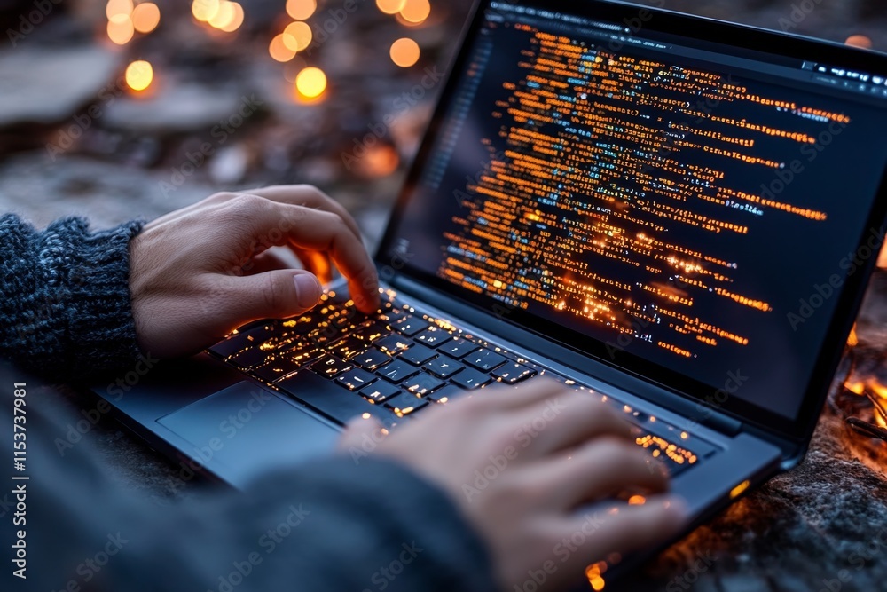 Poster A shadowy coder surrounded by streams of dark, glowing code, working in a dimly lit, atmospheric room