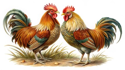 Vintage Rooster : Bird's Eye View Hand-Drawn Chicken Design, Isolated White Background