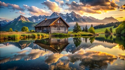 Fototapeta premium Wide-Angle Landscape: Serene Lake, Majestic Mountains, Rustic Old House - Stunning Nature Photography