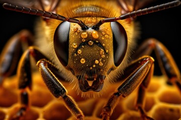 Detailed image of a honeybee's compound eyes and antennae, emphasizing its delicate features