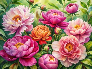 Obraz premium Wide-Angle Watercolor Peony Clipart: Floral Botanical for Graphic Design