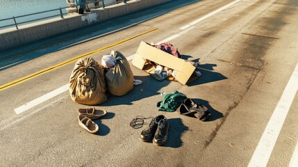 Obraz premium A pile of discarded items and bags on a deserted road.