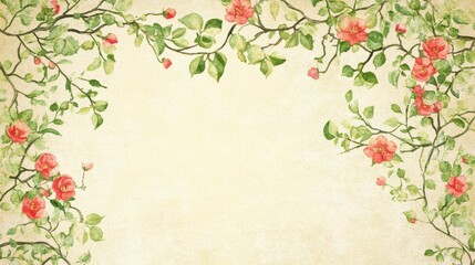 Watercolor floral frame with peach blossoms and green leaves on beige background.