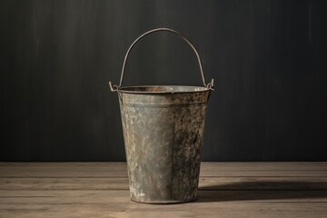 Rustic metal milk pail with a weathered finish and handle, positioned upright with a slight dent near the base