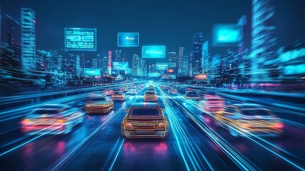 Fototapeta premium A futuristic city glowing with neon lights, holographic billboards floating in the sky, autonomous vehicles navigating smoothly through interconnected streets