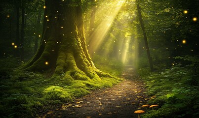 Obraz premium Magical forest path with sunbeams, moss, and fireflies.