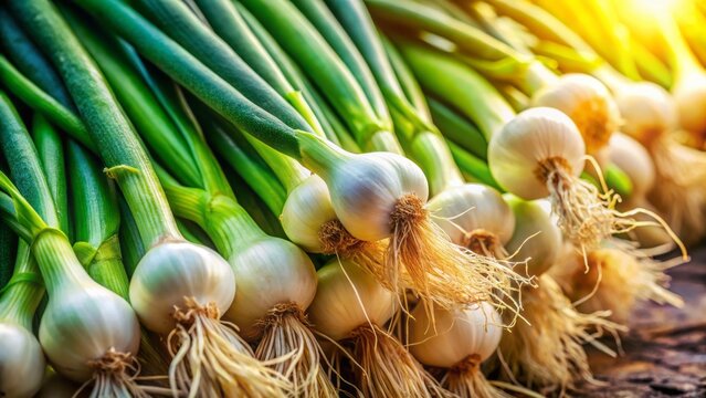 Worm's Eye View Green Onions: Close-up Macro Photography of Fresh Spring Onions - Powered by Adobe