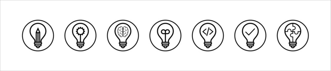 Set of light bulb vector icons. Black outline icons lamps or bulbs, and rays. Lightbulb. Symbol for idea and science