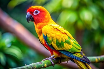 Fototapeta premium Yellow Parrot with Green Wings and Red Head - Medium Shot Bird Photography