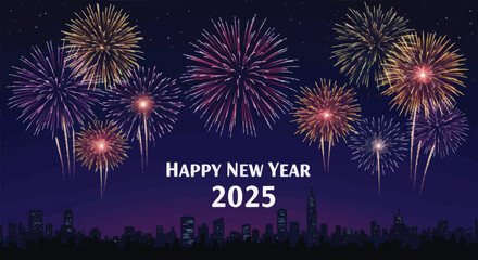 Fireworks over the city and written happy new year 2025.