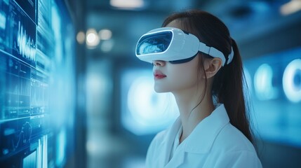 A Female Doctor in a Laboratory Setting Using Virtual Reality Technology to Analyze Medical Data and Enhance Patient Care in a Modern Healthcare Environment