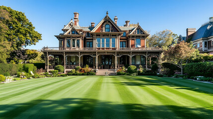 Elegant Victorian mansion in Newport Rhode Island with decorative gables and a manicured lawn