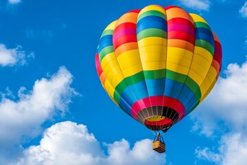 Fototapeta premium An HDR close-up of a colorful hot air balloon with detailed stitching and vibrant panels against a bright blue sky