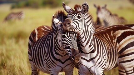 Fototapeta premium Two zebras nuzzling each other in an open field, surrounded by soft golden light.