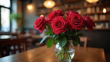Obraz premium Vibrant bouquet of fresh red rose beautifully arranged in a glass vase placed on a wooden table in a cozy cafe ambiance