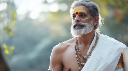 Hindu Spiritual Leader Meditates in Tranquil Forest Portrait Nature Serene Environment Close-Up Inner Peace Concept