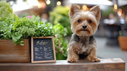 Adorable small breed dog. Adorable dog patiently waiting for order at an outdoor cafe