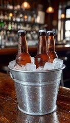 Ice Cold Refreshment Three Chilled Beer Bottles Glisten in a Metal Bucket at the Bar