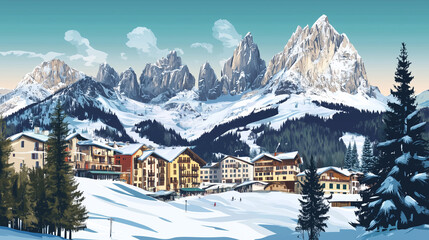 Illustration, Cortina d’Ampezzo, a beautiful village in the Italian dolomites, Italy. Touristic advertisement poster. Promotional touristic poster. Must-see tourist travel destination.