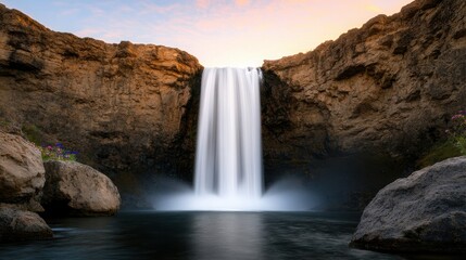Obraz premium A serene waterfall cascading into a tranquil pool, surrounded by rocky cliffs and vibrant nature, perfect for relaxation and tranquility.