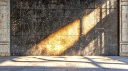 A textured wall illuminated by sunlight, casting shadows on the floor.