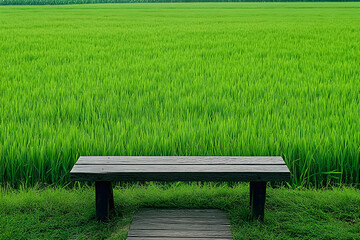 Tranquil Solitude: Wooden Bench Amidst Verdant Sea of Lush Greenery