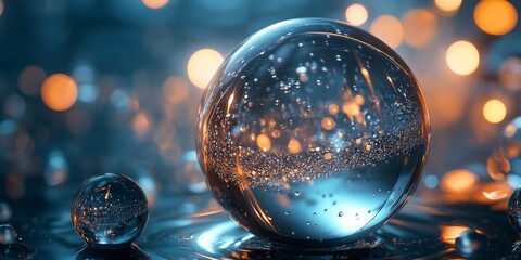 Glass sphere featuring droplets of water coupled with a sparkling background, showcasing the captivating beauty of a glass sphere illuminated by light reflections and sparkling effects.