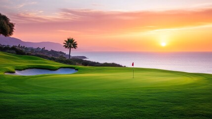 A tranquil golfing experience on a meticulously groomed course, Golf essentials elegantly displayed, Classic sporting style