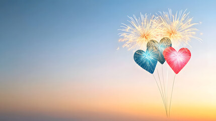 Fototapeta premium Creative heart shaped fireworks in colorful sky at sunset