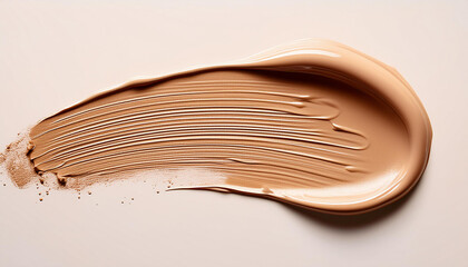 Fototapeta premium Beige foundation smudge on light background. Make-up smear. Beauty and cosmetics concept.